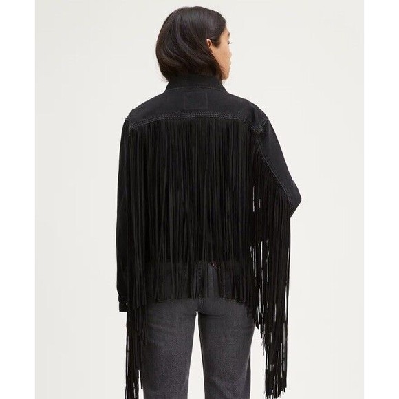 NWOT LEVI'S Ex Boyfriend Black DENIM TRUCKER JACKET With Fringe Sz S - Picture 3 of 8